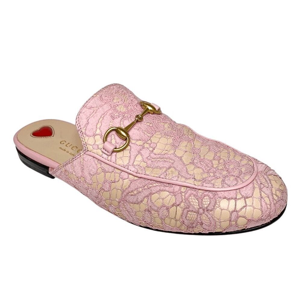 Gucci Princetown Horsebit Slipper EU 36.5 US 6.5 Pink Lace Mule Loafer Flats